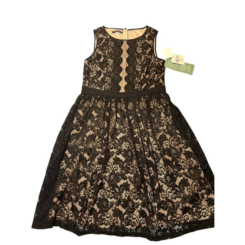London Style Nights Black Lace Sleeveless Dress Nude Lining Fit Flare Sz 12 NWT